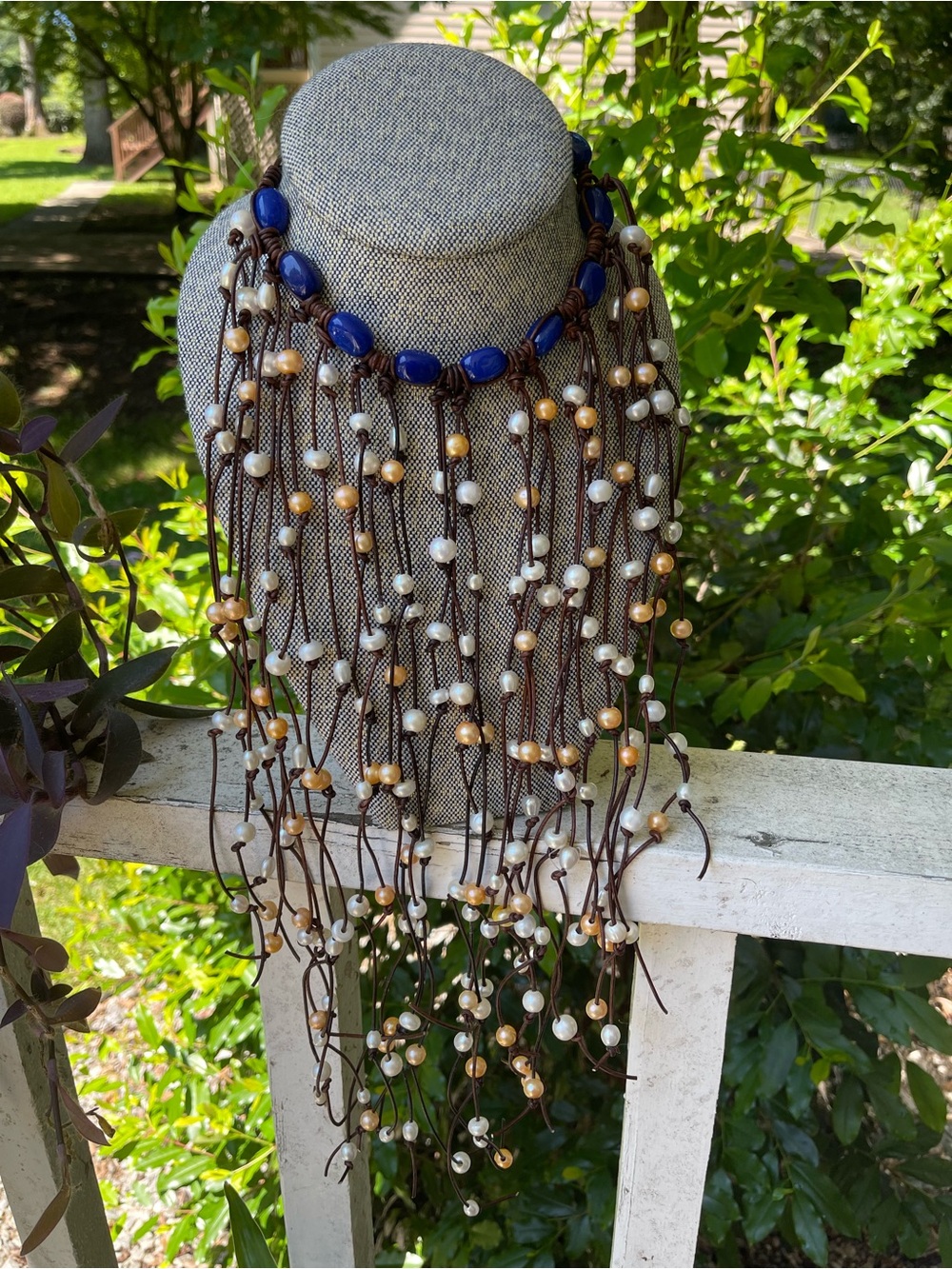 Hand Crafted Brown Fringe Necklace with Blue Jade and Freshwater Pearls🪎